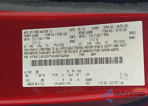 2017 Ford Escape Se из США, поврежденный, VIN 1FMCU0GD7HUB74254